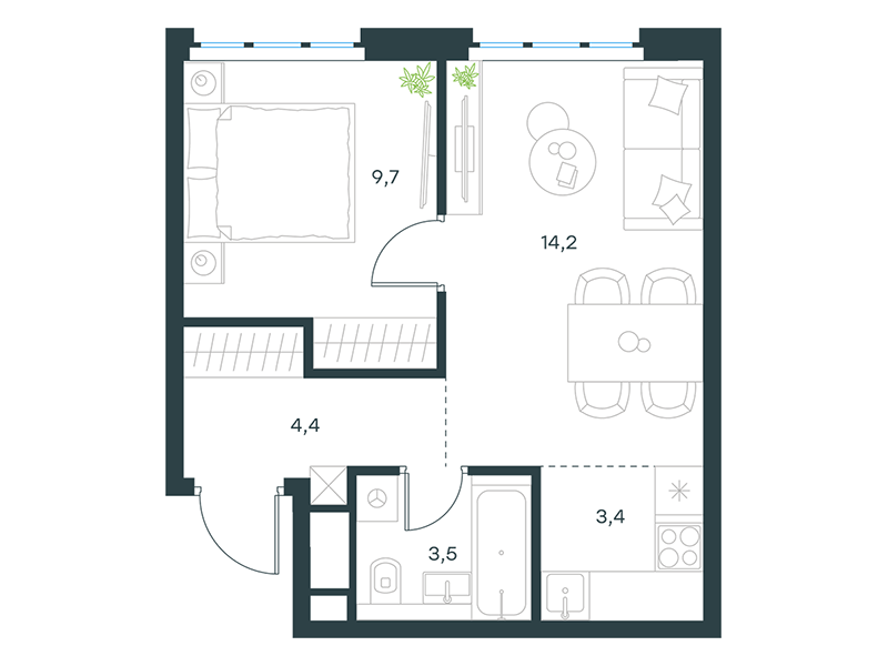 Планировка Апартаменты с 1 спальней 35.2 м2 в ЖК Level Южнопортовая