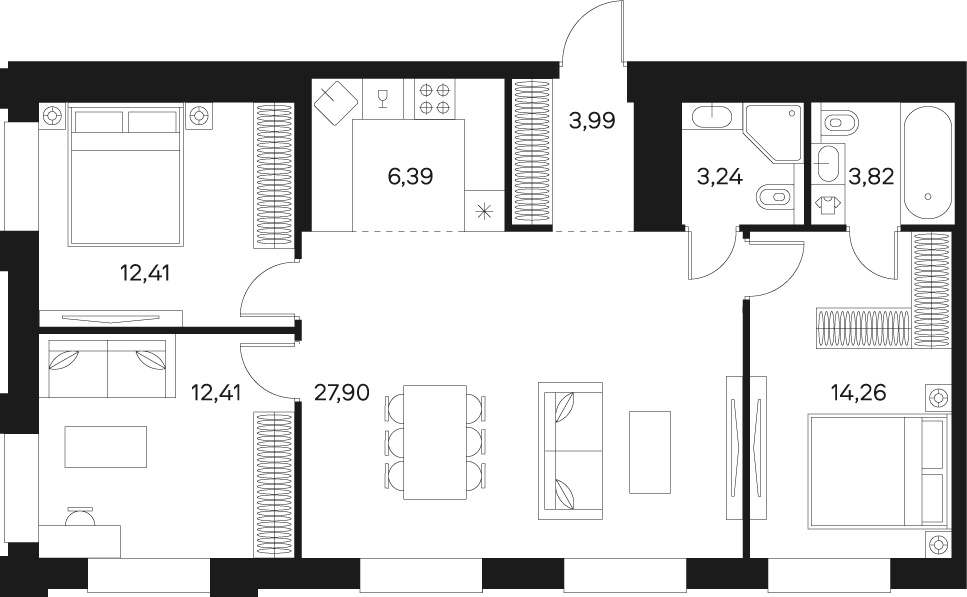 Квартира с 3 спальнями 87.02 м2 в ЖК Forst