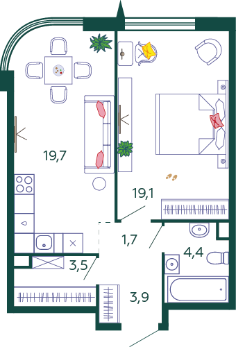 Планировка Квартира с 1 спальней 52.3 м2 в ЖК Shagal