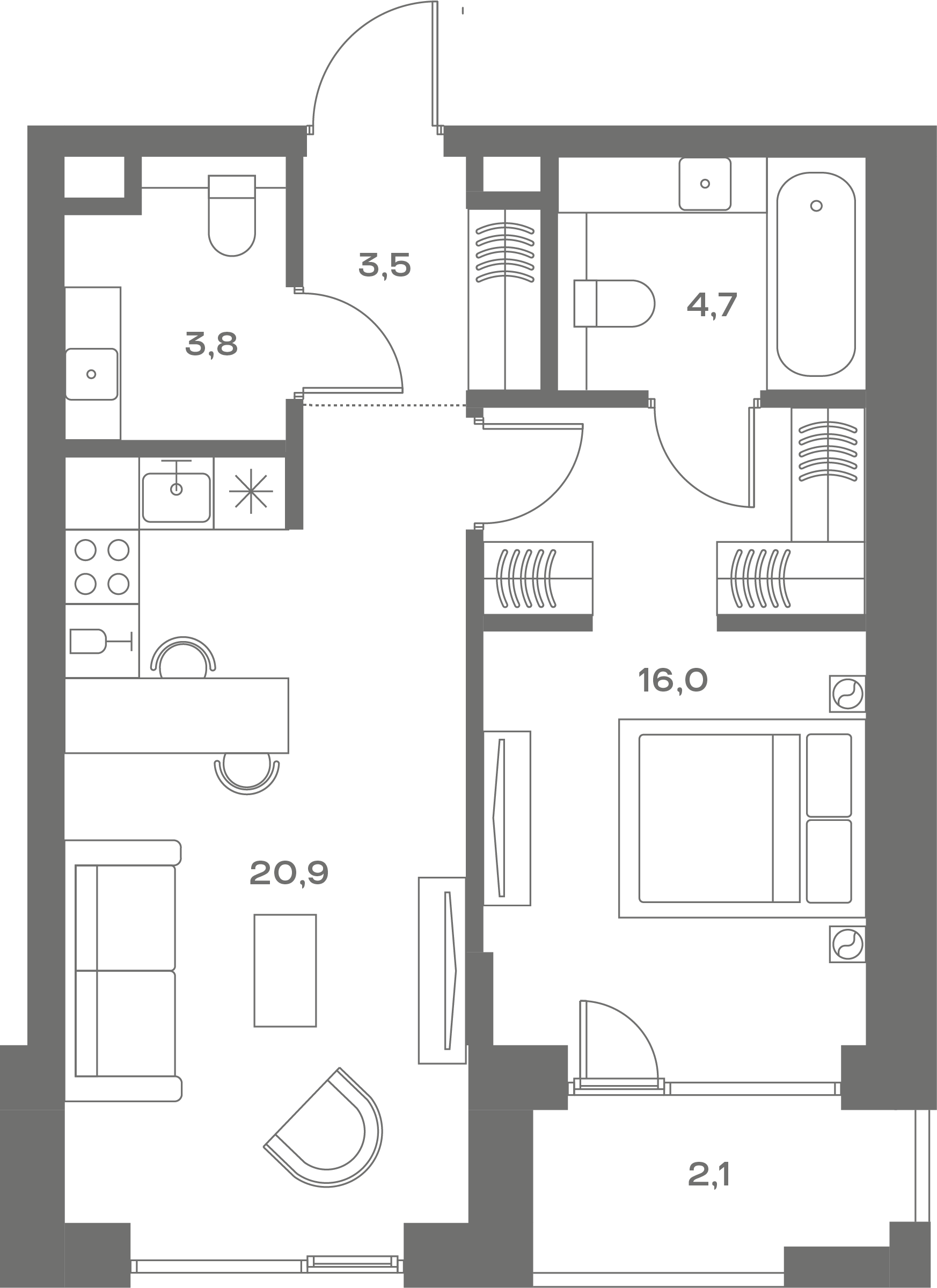 Планировка Квартира с 1 спальней 51 м2 в ЖК Soul