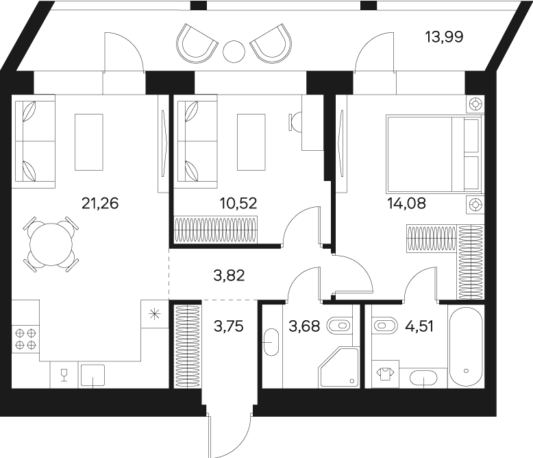 Планировка Квартира с 2 спальнями 68.45 м2 в ЖК Forst