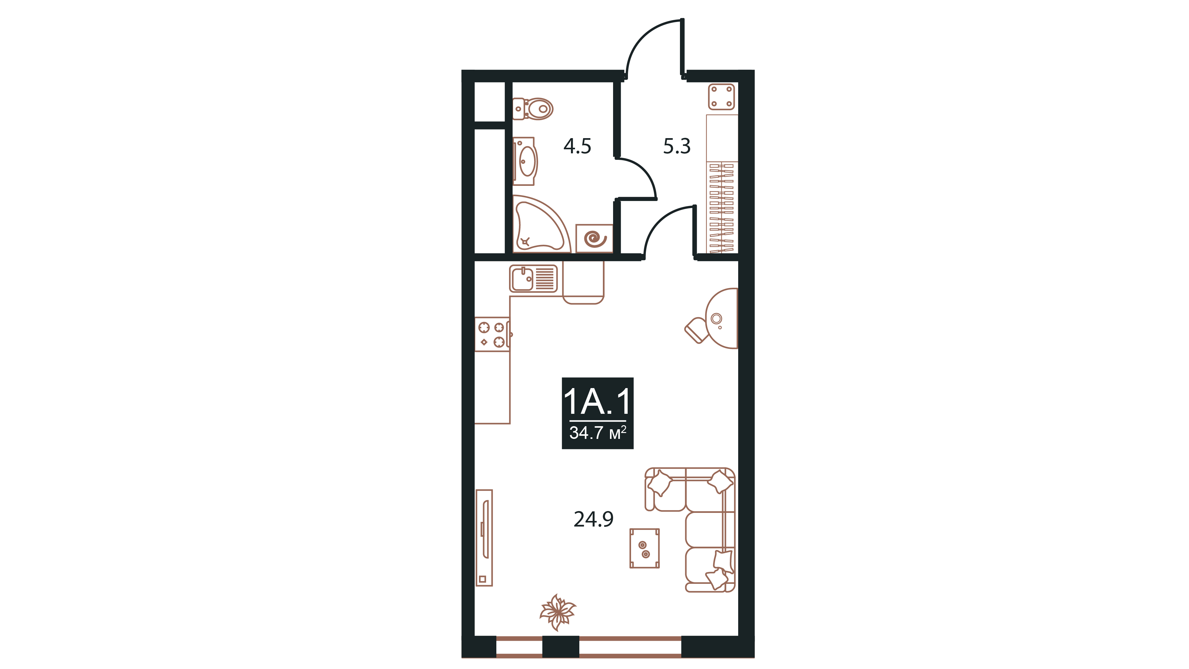 Планировка Апартаменты с 1 спальней 34.7 м2 в ЖК West Tower