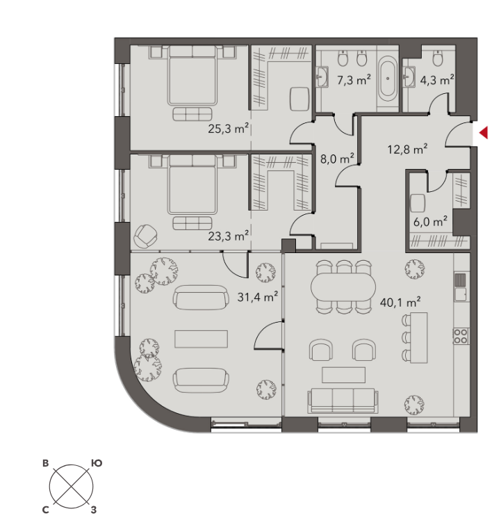 Планировка Апартаменты с 2 спальнями 158.8 м2 в ЖК Magnum