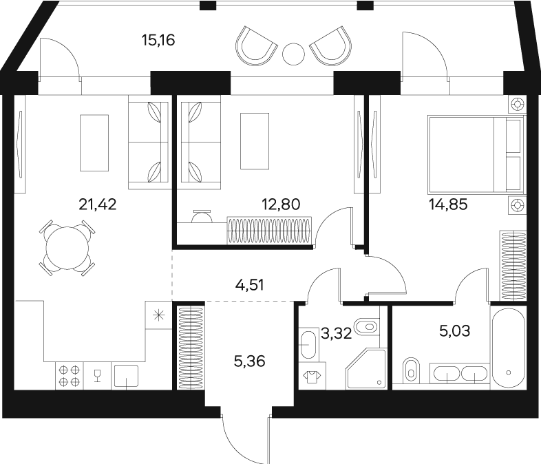 Квартира с 2 спальнями 76.5 м2