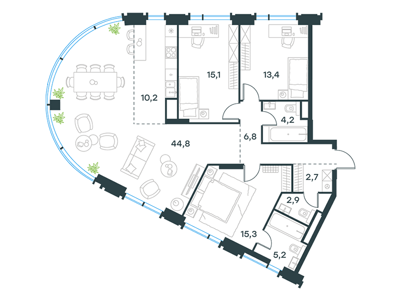 Планировка Квартира с 3 спальнями 120.6 м2 в ЖК Level Академическая