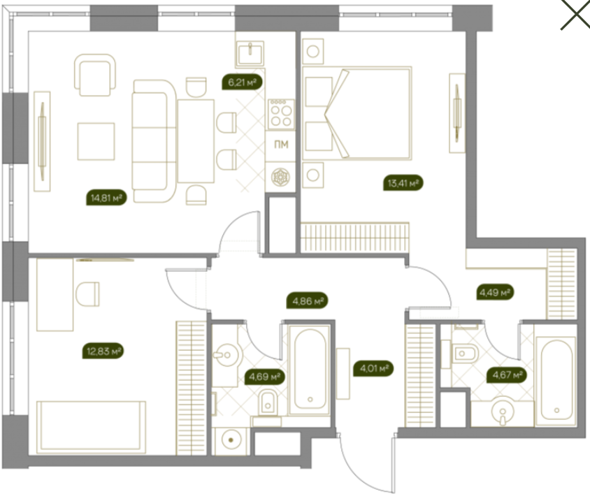 Планировка Квартира с 3 спальнями 70.3 м2 в ЖК West Garden