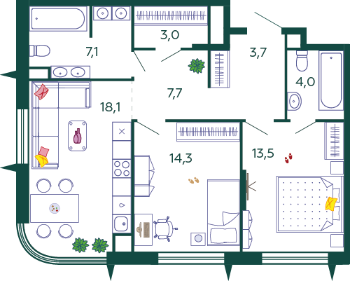 Планировка Квартира с 2 спальнями 71.4 м2 в ЖК Shagal