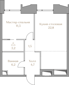 Планировка Квартира с 2 спальнями 49.8 м2 в ЖК Luzhniki Collection