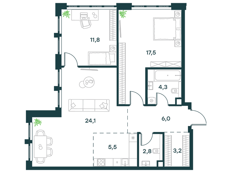 Планировка Квартира с 2 спальнями 75.2 м2 в ЖК Level Южнопортовая