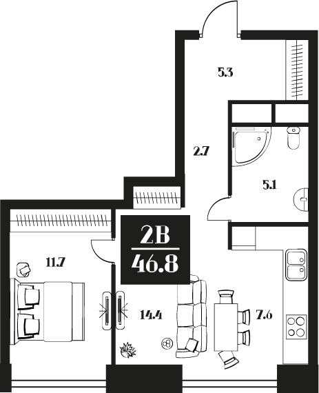 Планировка Апартаменты с 1 спальней 46.8 м2 в ЖК Deco Residence