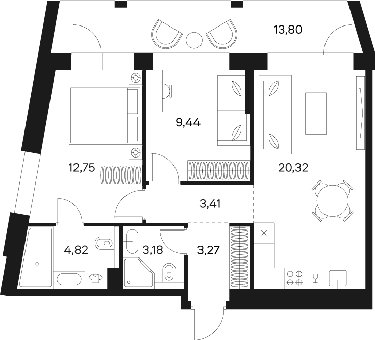 Планировка Квартира с 2 спальнями 64.09 м2 в ЖК Forst
