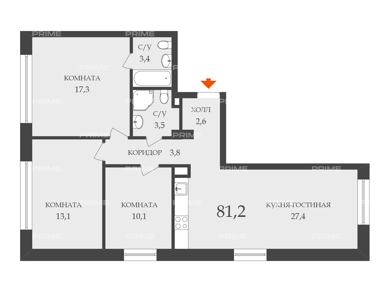 Планировка Квартира с 3 спальнями 81.25 м2 в ЖК Павелецкая Сити 