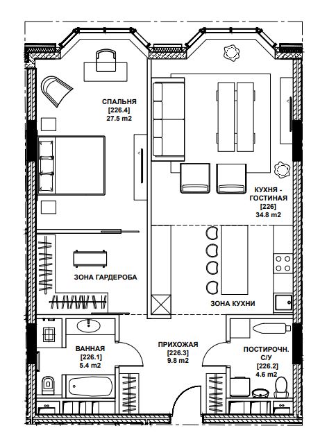 Планировка Апартаменты с 1 спальней 83.5 м2 в ЖК Sole hills