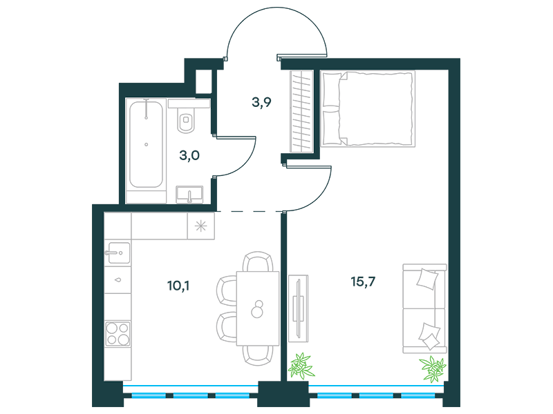 Планировка Квартира с 1 спальней 32.7 м2 в ЖК Level Южнопортовая