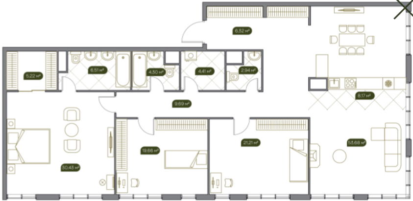 Планировка Квартира с 4 спальнями 173.5 м2 в ЖК West Garden