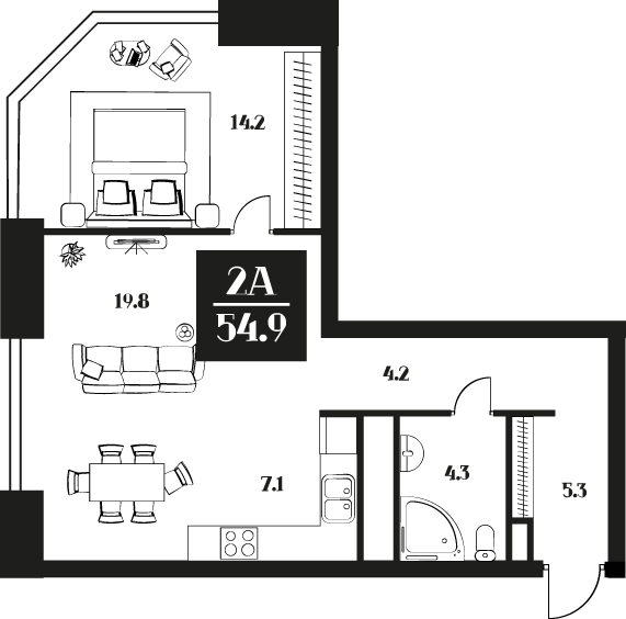 Апартаменты с 1 спальней 54.9 м2 в ЖК Deco Residence