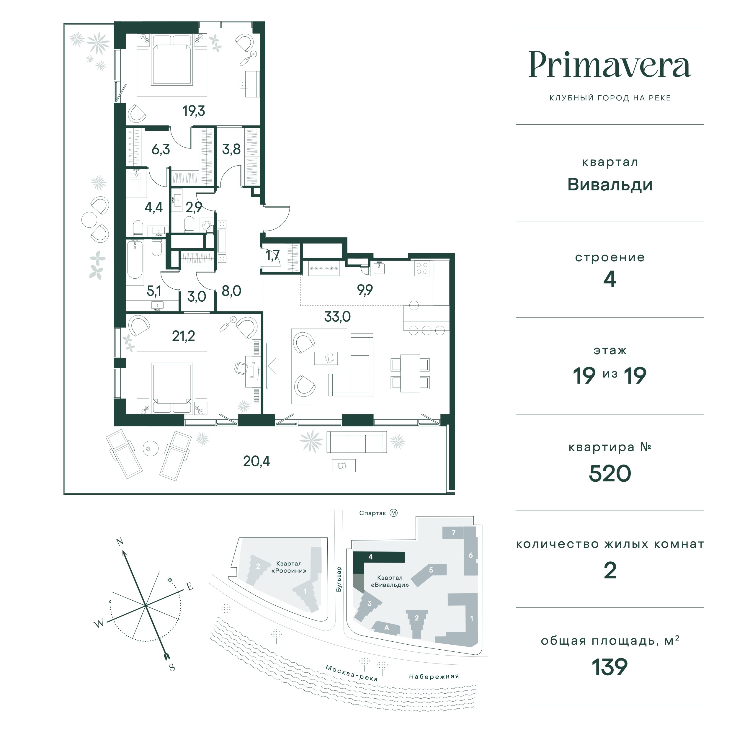 Планировка Квартира с 2 спальнями 139 м2 в ЖК Primavera