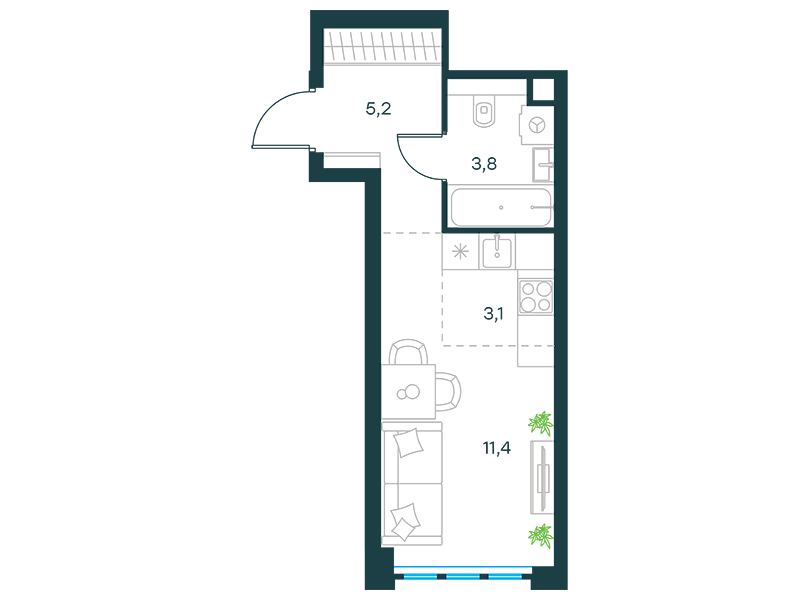 Планировка Квартира с 1 спальней 23.5 м2 в ЖК Level Южнопортовая