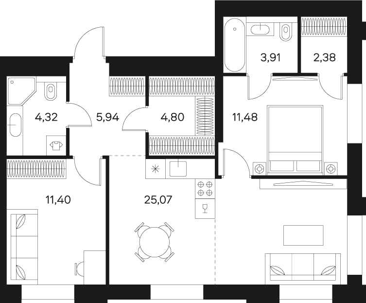 Квартира с 3 спальнями 68.8 м2 в ЖК Forst