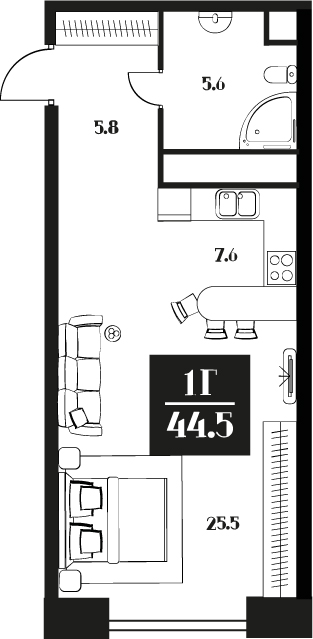 Апартаменты с 1 спальней 44.5 м2 в ЖК Deco Residence