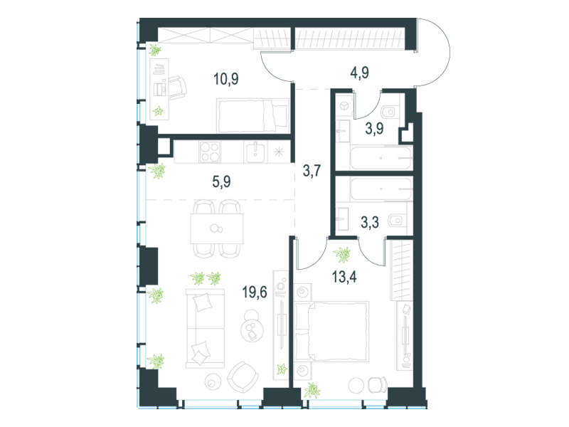 Планировка Квартира с 2 спальнями 65.6 м2 в ЖК Level Мичуринский