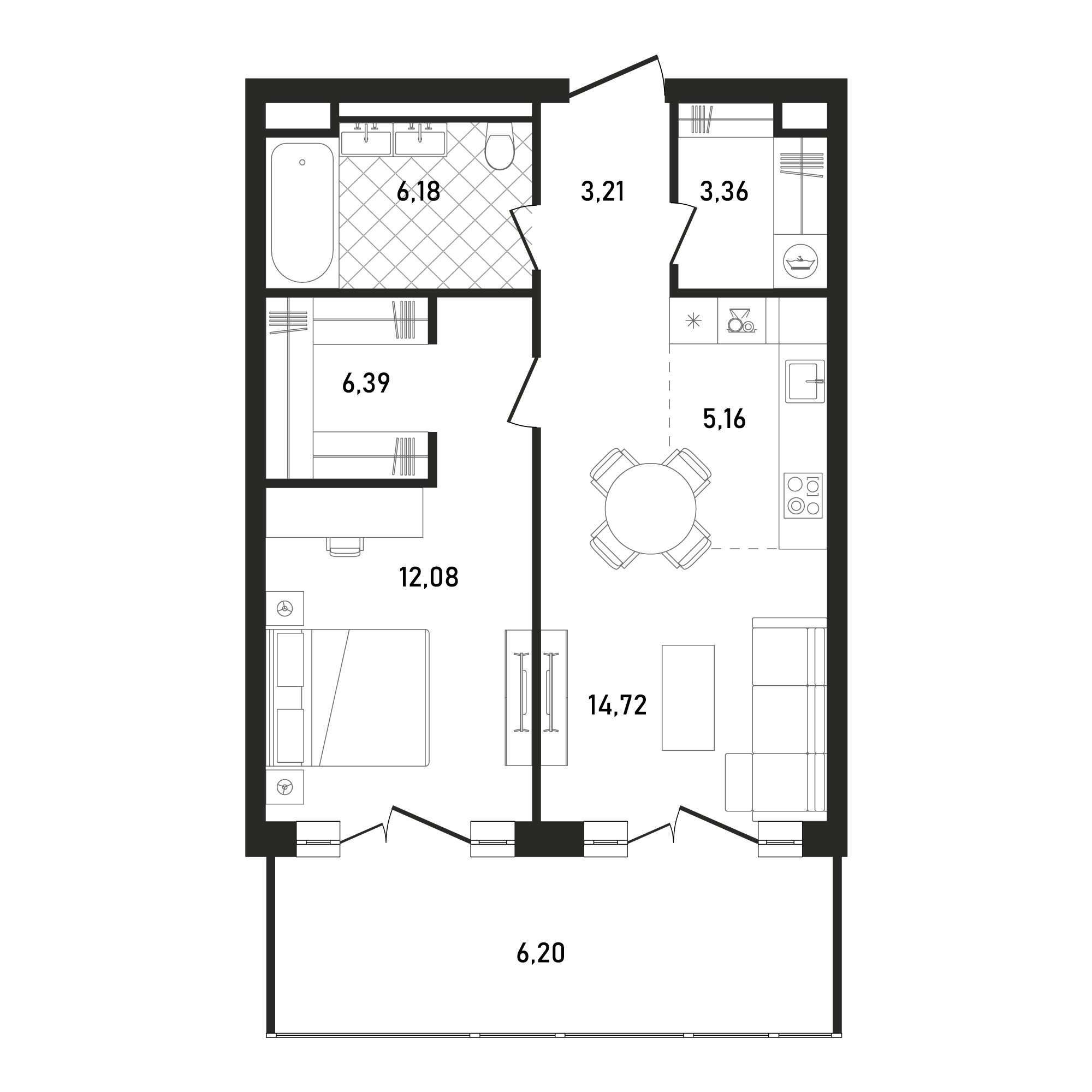 Планировка Квартира с 2 спальнями 57.48 м2 в ЖК Republic