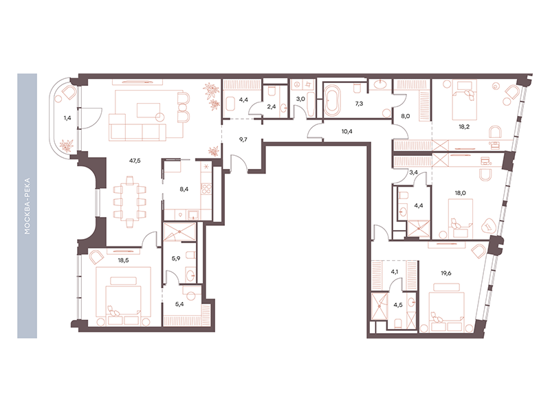 Планировка Апартаменты с 4 спальнями 204.5 м2 в ЖК Саввинская 27