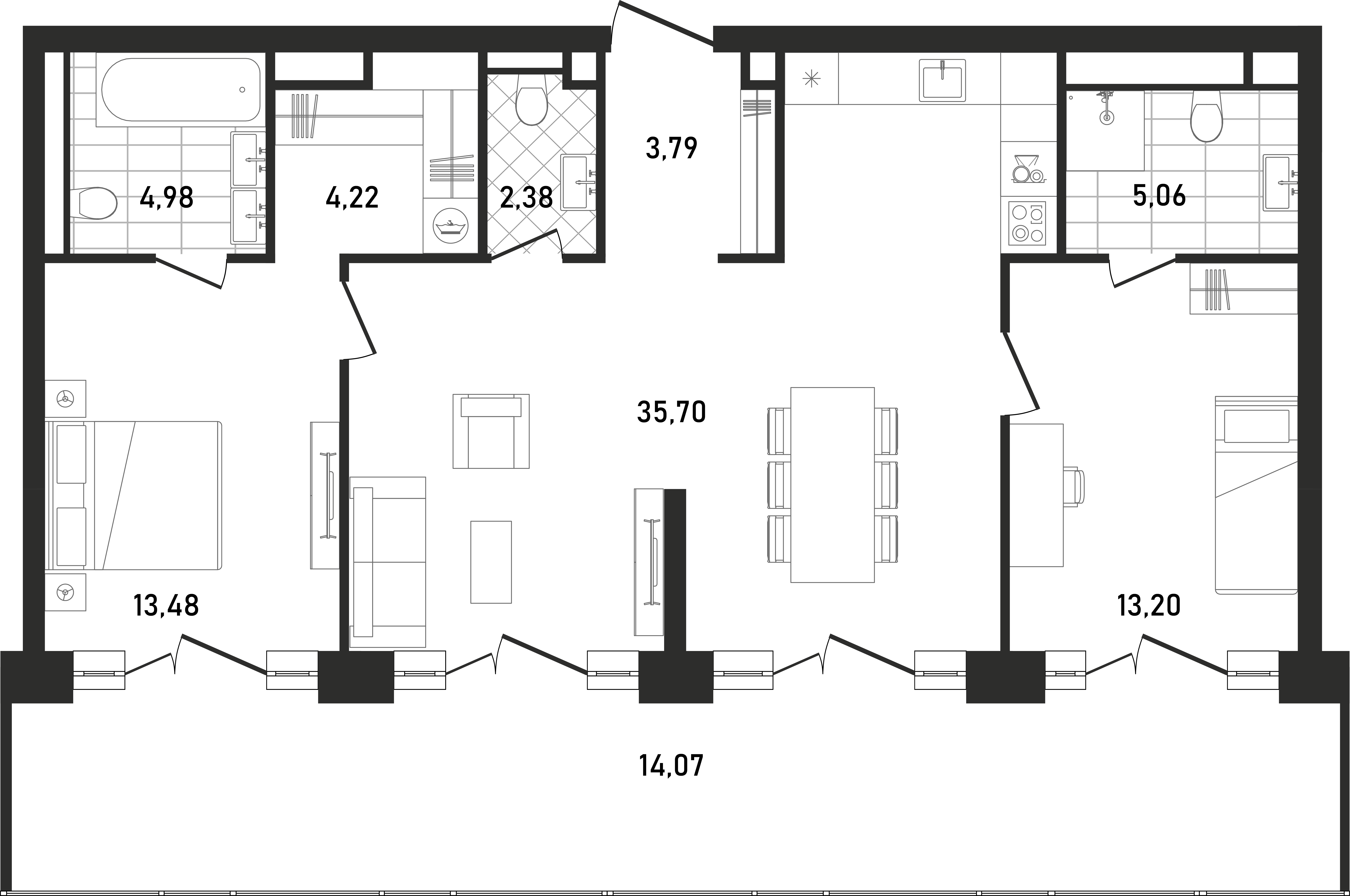 Планировка Квартира с 2 спальнями 96.57 м2 в ЖК Republic