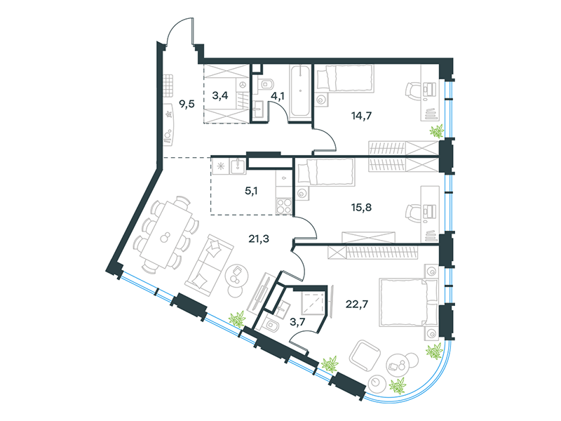 Планировка Квартира с 3 спальнями 100.3 м2 в ЖК Level Академическая