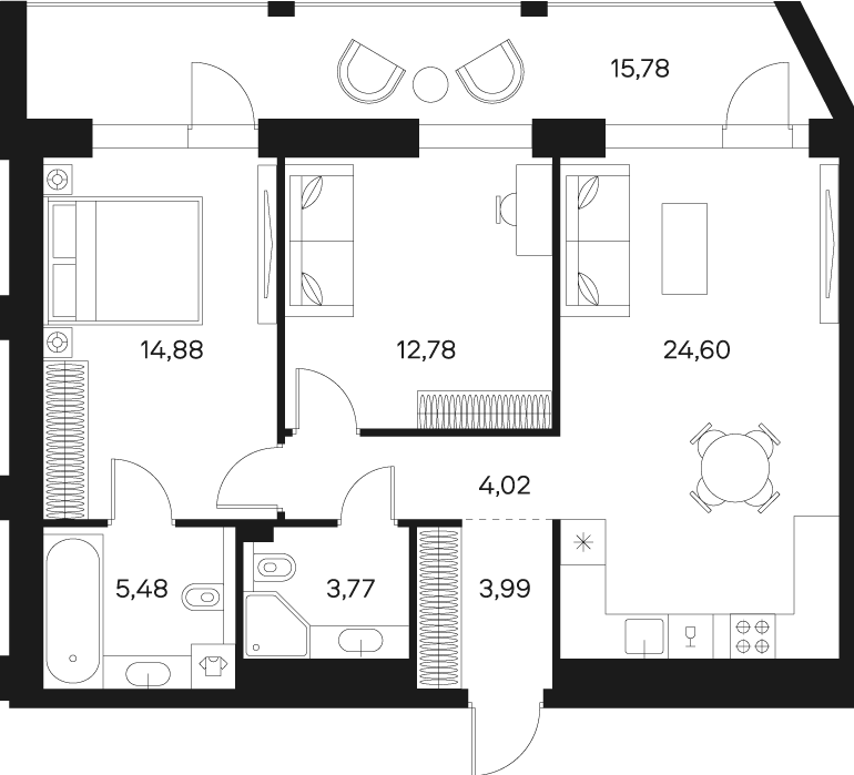 Планировка Квартира с 2 спальнями 77.41 м2 в ЖК Forst