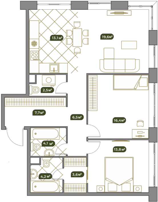 Планировка Квартира с 3 спальнями 92.2 м2 в ЖК West Garden