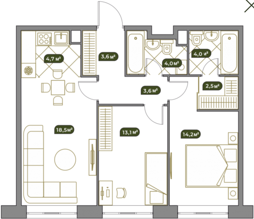 Планировка Квартира с 3 спальнями 69.1 м2 в ЖК West Garden