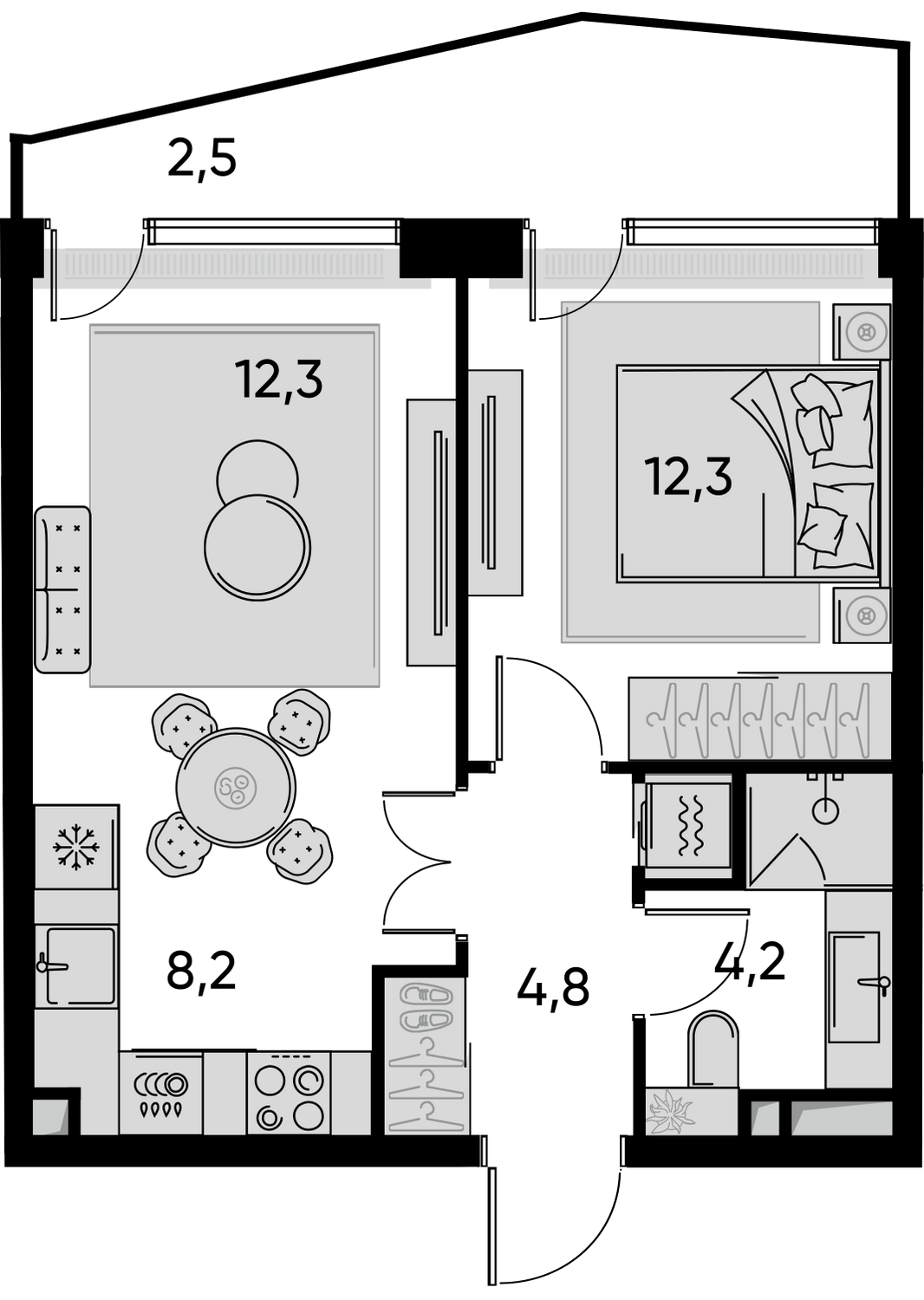 Планировка Квартира с 1 спальней 44.3 м2 в ЖК Pride