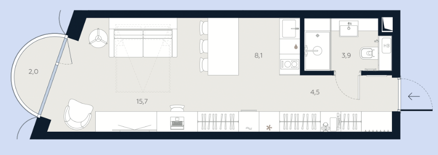 Планировка Апартаменты с 1 спальней 34.2 м2 в ЖК Logos