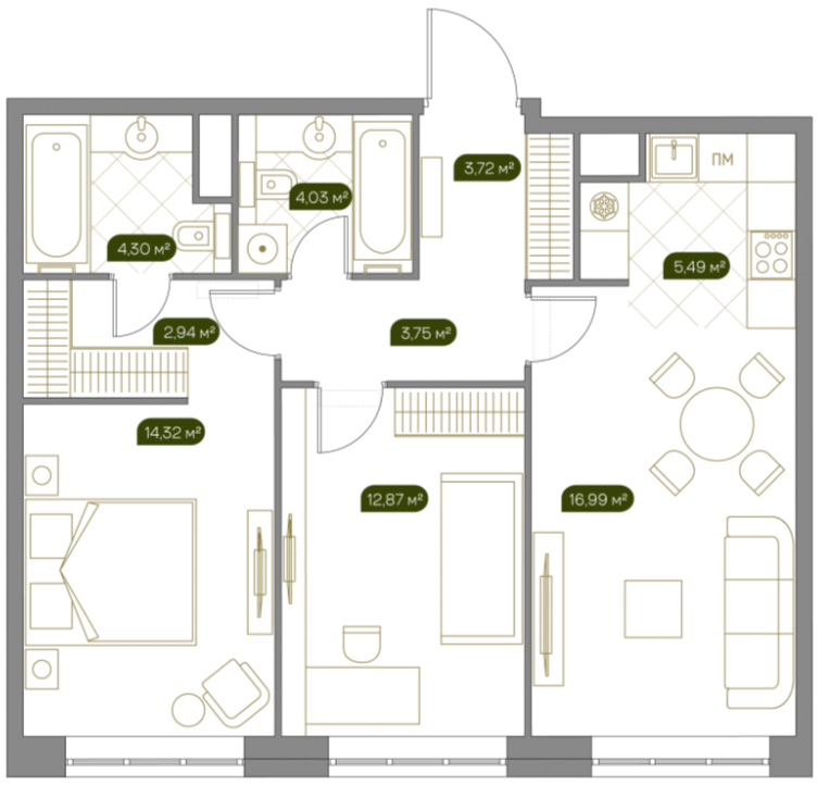Планировка Квартира с 3 спальнями 68.6 м2 в ЖК West Garden
