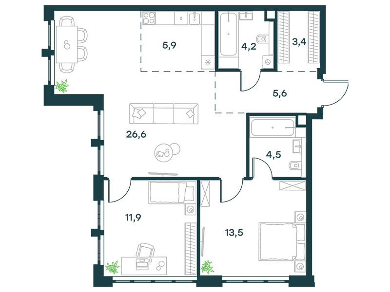 Планировка Квартира с 2 спальнями 75.6 м2 в ЖК Level Южнопортовая