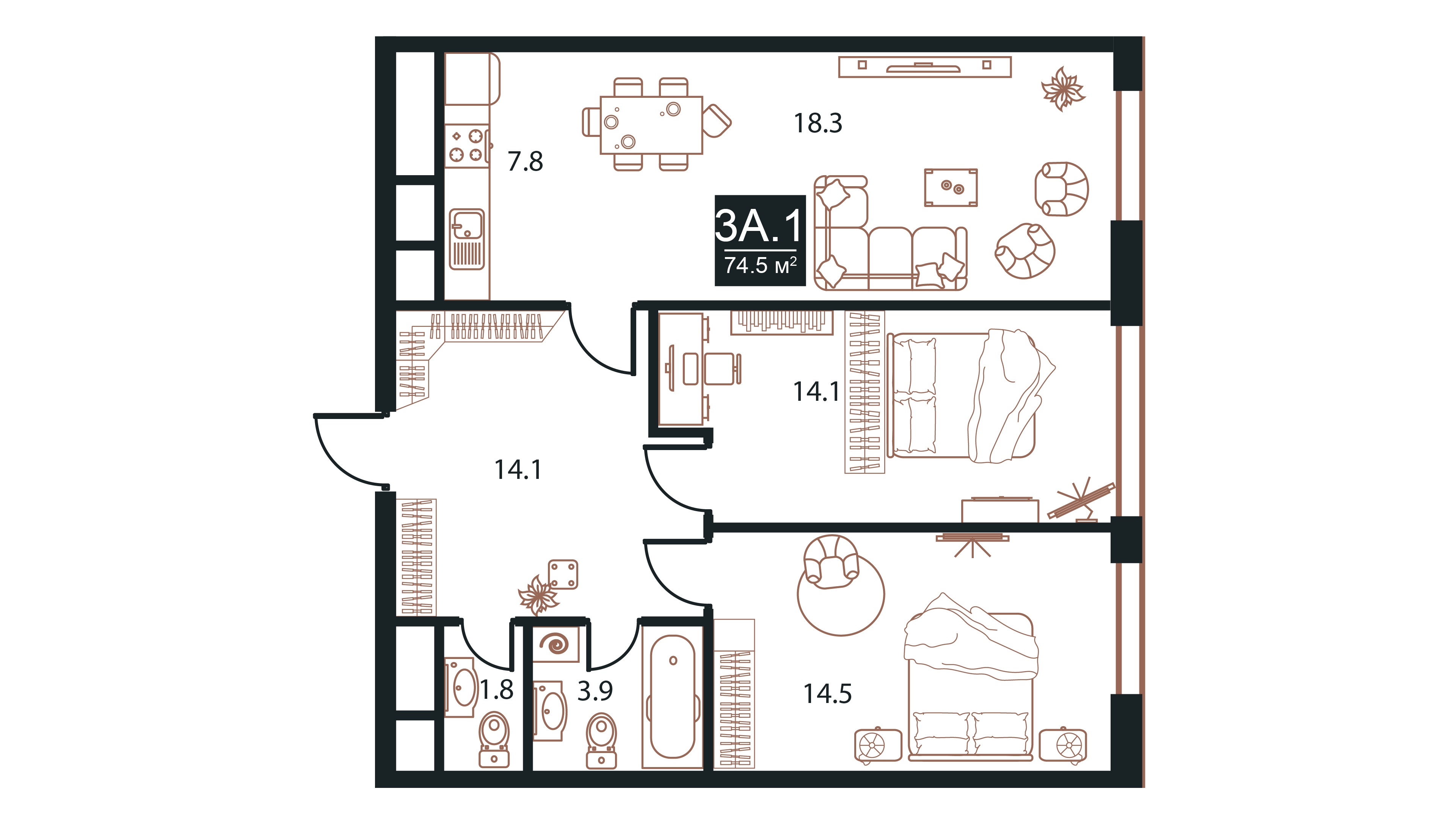 Планировка Апартаменты с 3 спальнями 74.5 м2 в ЖК West Tower
