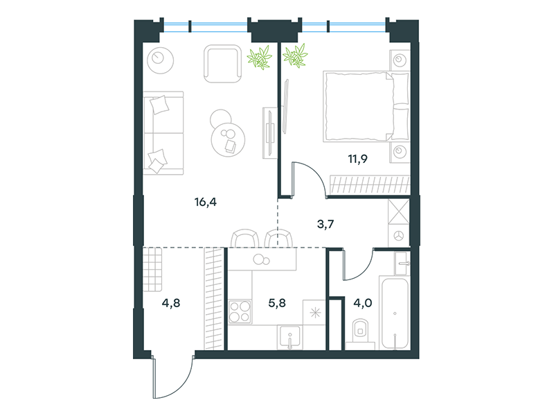 Планировка Квартира с 1 спальней 46.6 м2 в ЖК Level Академическая