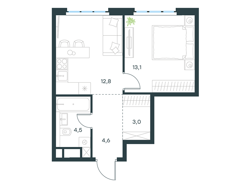 Планировка Апартаменты с 1 спальней 38 м2 в ЖК Level Южнопортовая