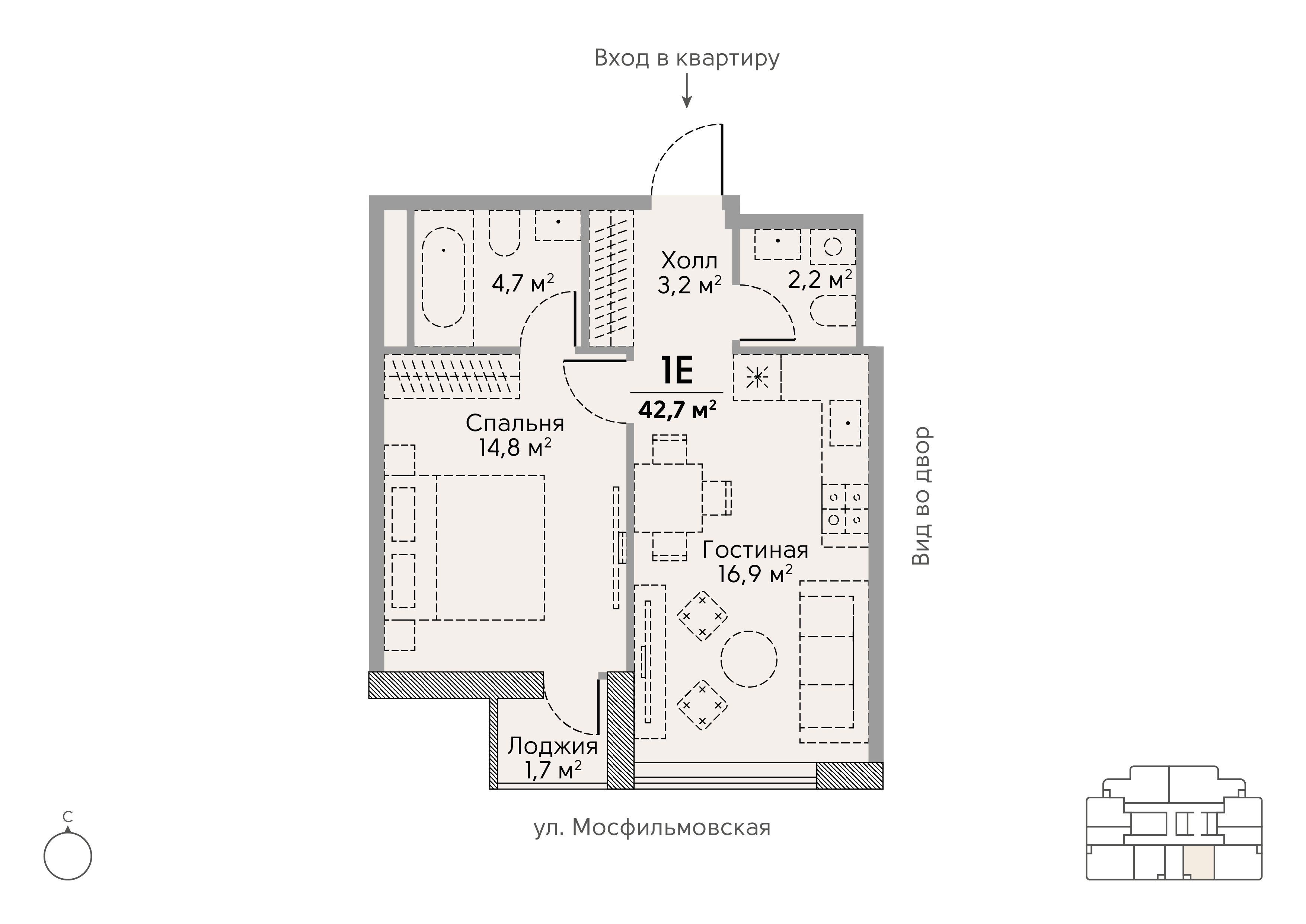 Планировка Квартира с 1 спальней 42.7 м2 в ЖК Stories