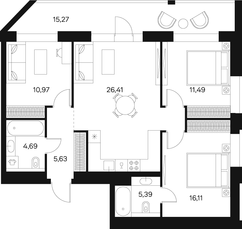 Планировка Квартира с 3 спальнями 88.8 м2 в ЖК Forst