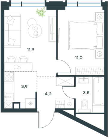 Квартира с 1 спальней 34.5 м2 в ЖК Level Академическая