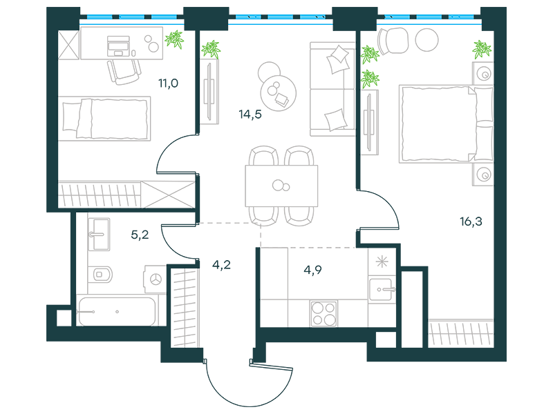 Квартира с 2 спальнями 56.1 м2 в ЖК Level Южнопортовая