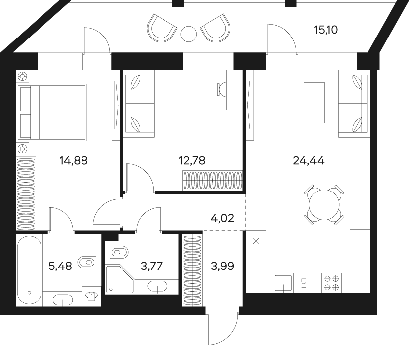 Планировка Квартира с 2 спальнями 77.12 м2 в ЖК Forst
