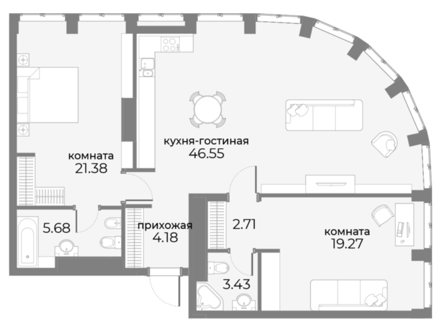 Планировка Апартаменты с 2 спальнями 98.54 м2 в ЖК Sky View