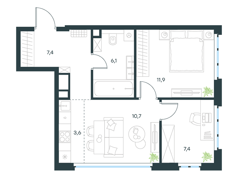 Апартаменты с 2 спальнями 47.1 м2 в ЖК Level Южнопортовая