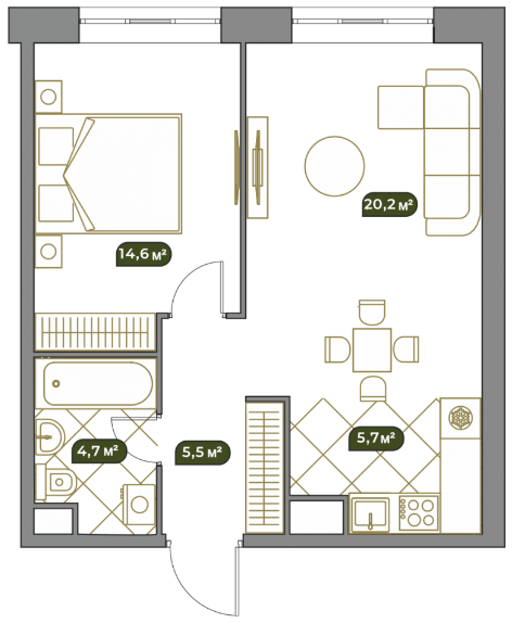 Layout picture 3-rooms from 43.5 m2
