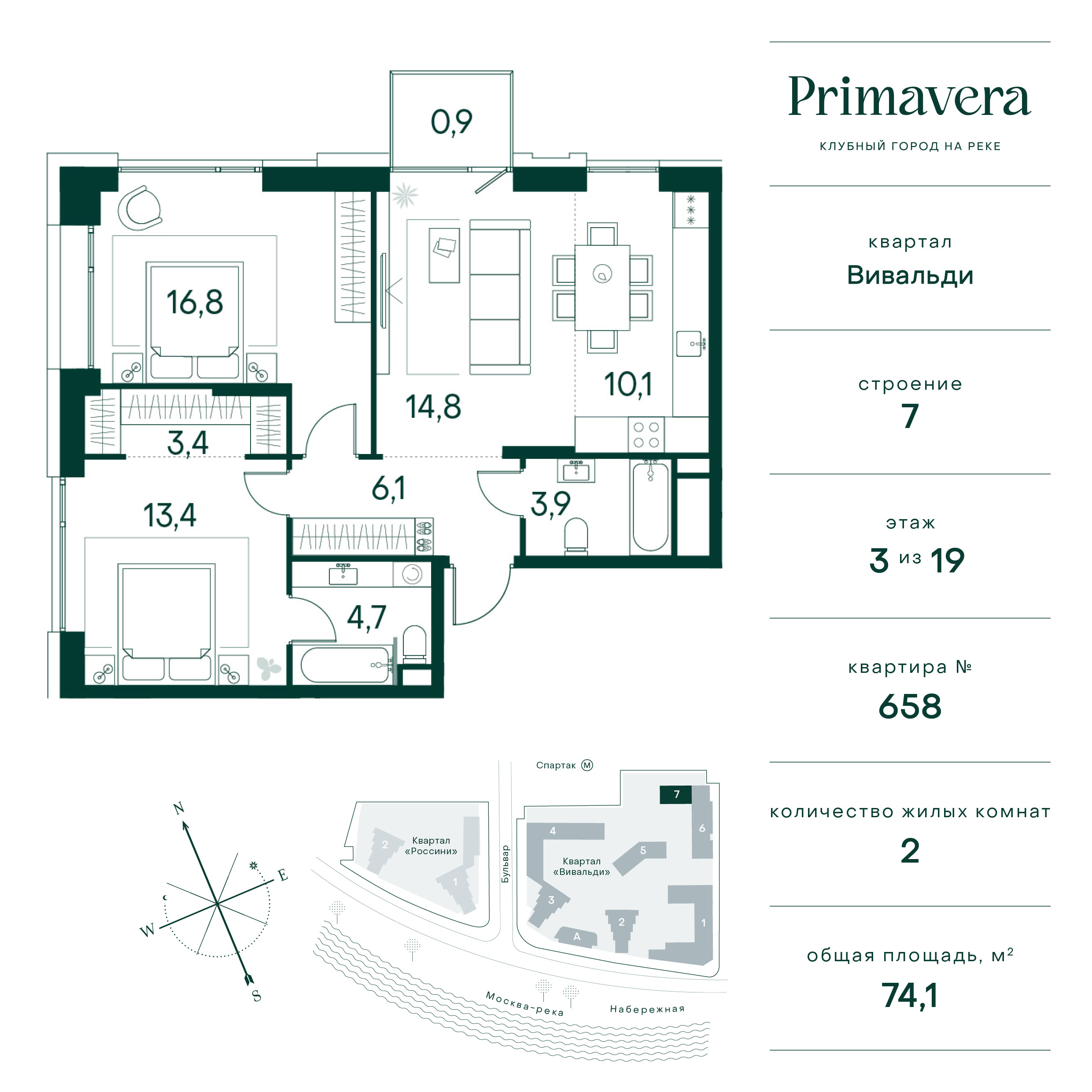 Планировка Квартира с 2 спальнями 74.1 м2 в ЖК Primavera
