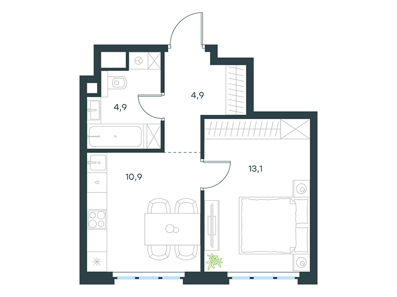 Апартаменты с 1 спальней 33.8 м2 в ЖК Level Южнопортовая