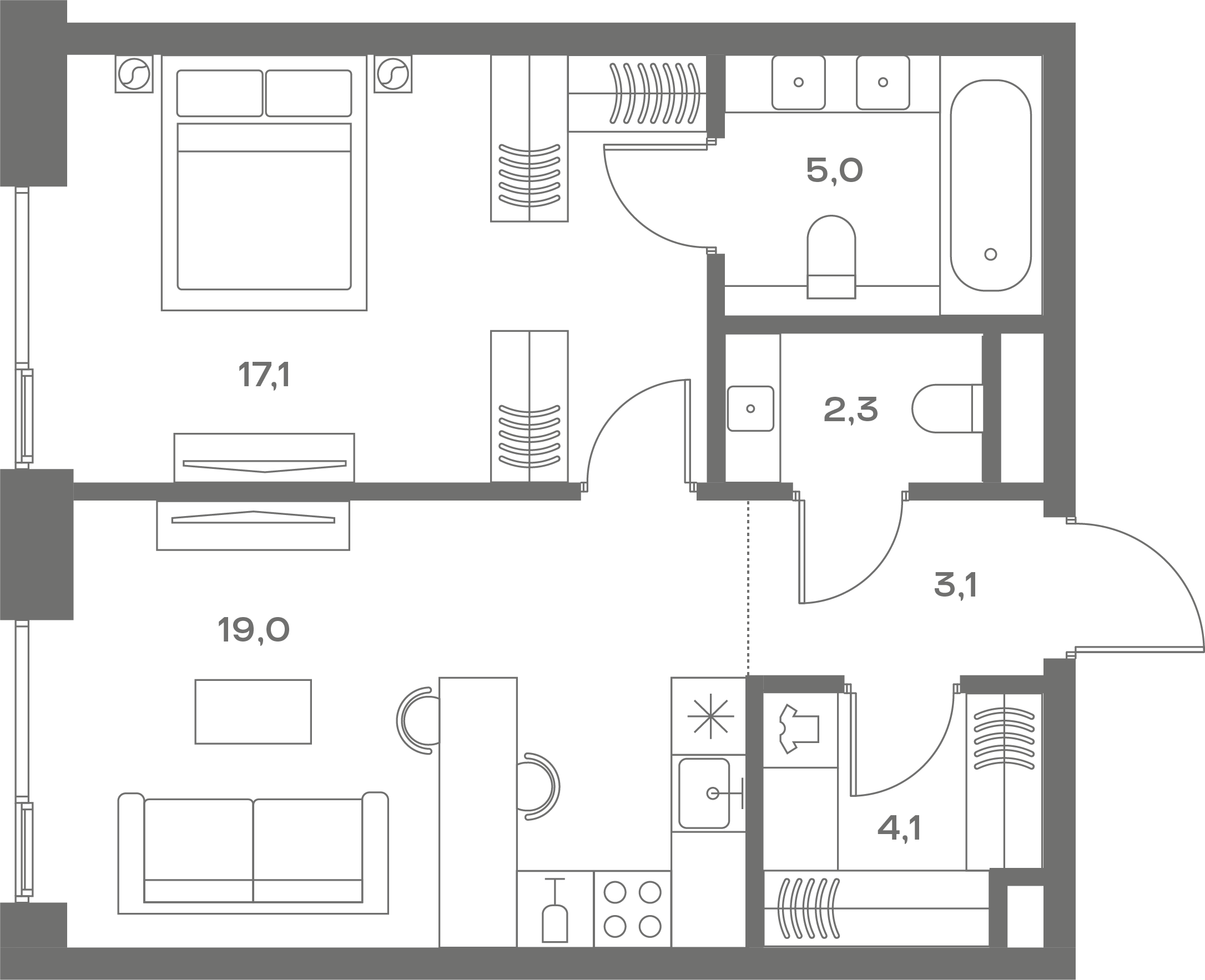 Планировка Квартира с 1 спальней 50.6 м2 в ЖК Soul